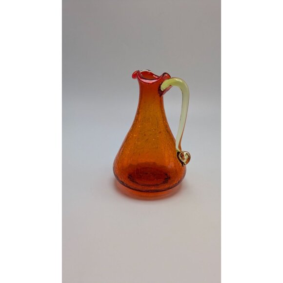 Pilgrim Glass Crackle Glass Pitcher Orange Yellow Handle Vintage Collectible - Picture 7 of 8